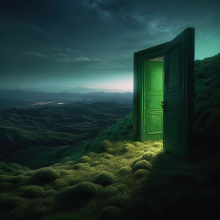 Green door in the mountains at night. Fantasy landscape. generative aiの素材