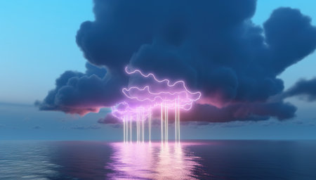 Beautiful stormy sky with lightning over the sea. generative aiの素材