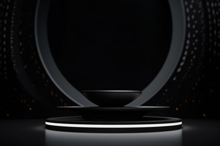 Black round podium with a pedestal, illuminated by spotlights. generative aiの素材