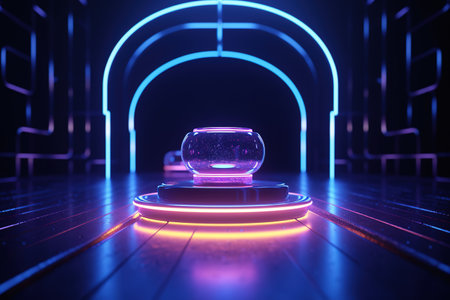 Neon glowing round podium on dark background. Mock up. generative aiの素材