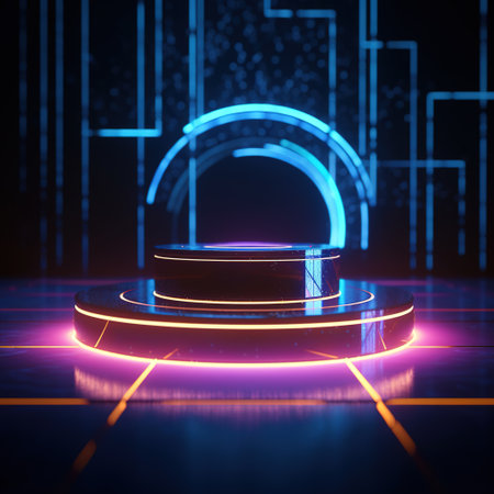 Neon glowing round podium on dark background. Mock up. generative aiの素材
