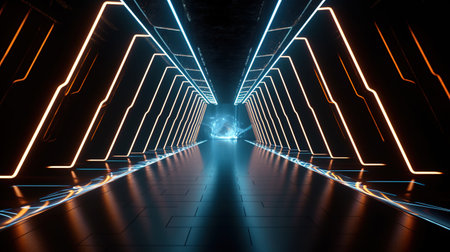 3D abstract background with neon lights. neon tunnel.space construction. 3d illustrationの素材