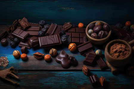 Chocolate, nuts and candies on wooden background. Toned. generative aiの素材