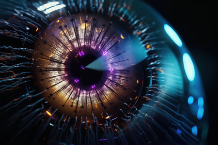 Fiber optics background, close up of human eye. High technology. generative aiの素材