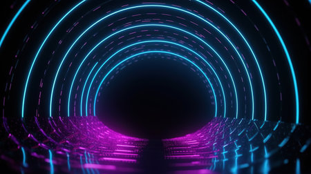 3D abstract background with neon lights. neon tunnel.space construction. generative aiの素材