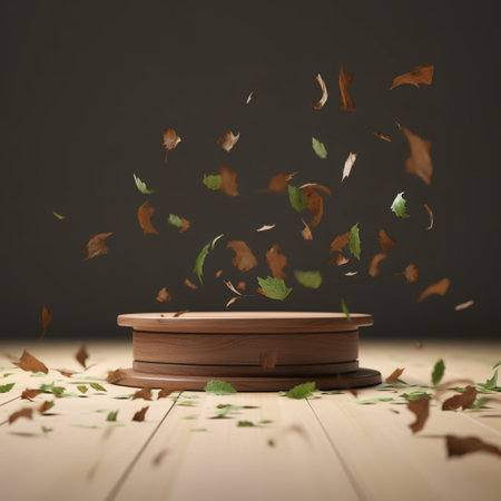 Wooden podium with falling leaves on a wooden floor. generative aiの素材