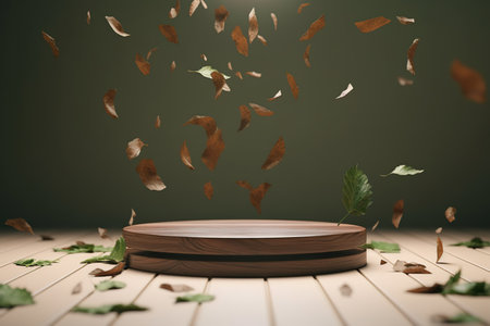 Wooden podium with falling leaves on the floor. generative aiの素材