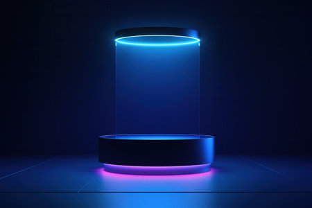 Podium illuminated with neon light. Mock up, generative aiの素材