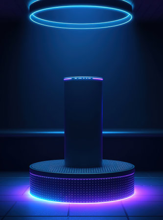 Podium in empty dark room with neon lights, generative aiの素材