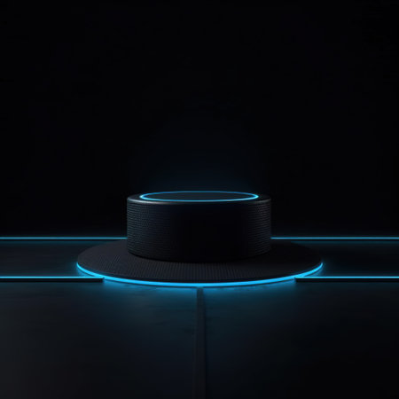 Black pedestal with blue neon light on black background. AI Generatedの素材