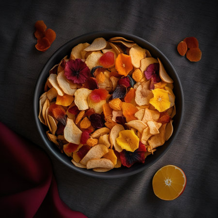 Dried fruit chips in a bowl on black background, top view. AI Generativeの素材