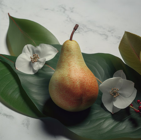 Ripe pear with leaves and flowers on a white marble background.の素材