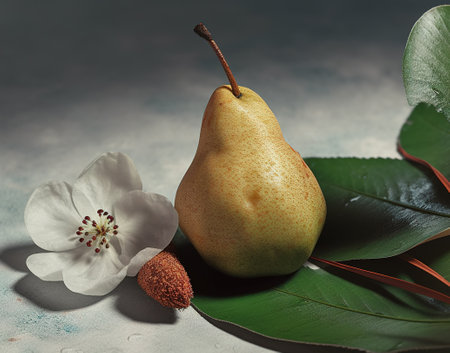 Ripe pear with leaves and flower on a light background. Selective focus. AI Generativeの素材