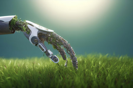 Robot hand holding green grass. Artificial intelligence concept. AI Generativeの素材