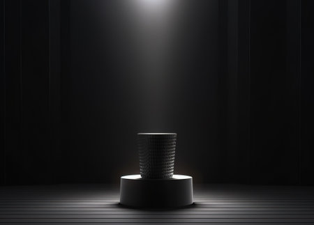 Black pedestal with spotlights on black background. AI Generatedの素材