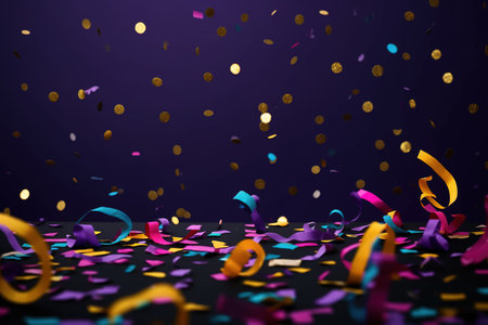 Colorful confetti and streamers on dark background. Party concept. AI Generativeの素材