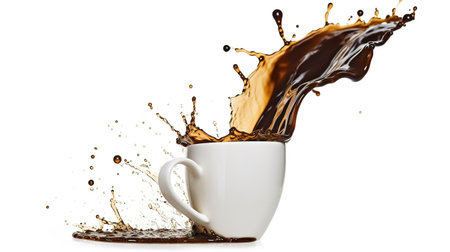 Coffee splashing out of a cup, isolated on white background. AI Generativeの素材