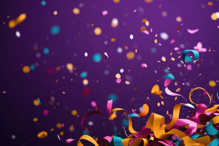 Colorful confetti and ribbons flying in the air on purple background. AI Generativeの素材