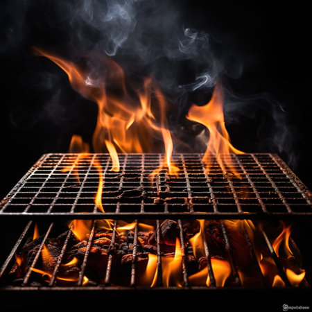 Close up of barbecue grill with fire and smoke on black background. AI Generativeの素材