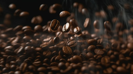 coffee beans flying in the air with smoke on a black background. AI Generativeの素材