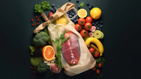 Healthy food on a black background, top view, copy space. AI Generativeの素材