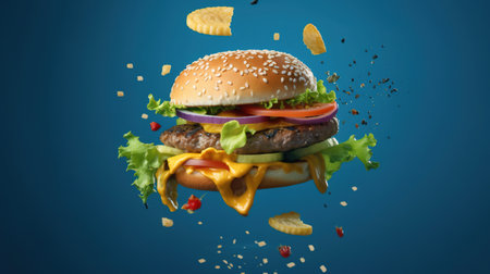 Burger with flying ingredients on blue background. AI Generativeの素材