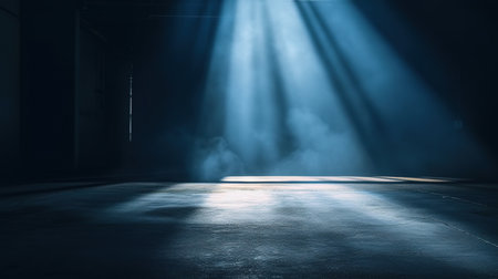 Dark empty room with spotlights and smoke. AI generativeの素材