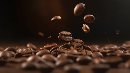 Coffee beans falling on a dark background, close-up. AI generativeの素材