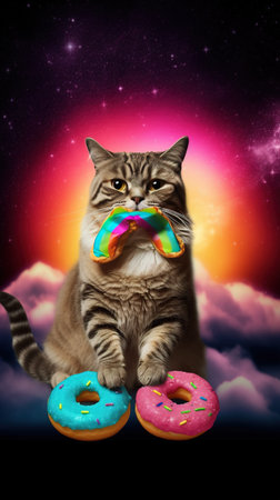 The cat is sitting with a donut in front of a colorful background. AI Generativeの素材