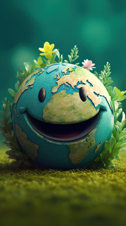 Smiling earth on green grass background. AI generativeの素材