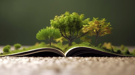 Tree growing out of an open book. Conceptual image of environmental conservation. AI generativeの素材