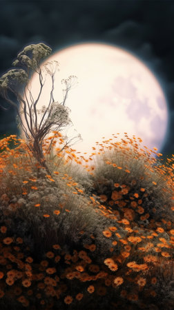 3D illustration of a full moon over a field of yellow flowers. AI generativeの素材