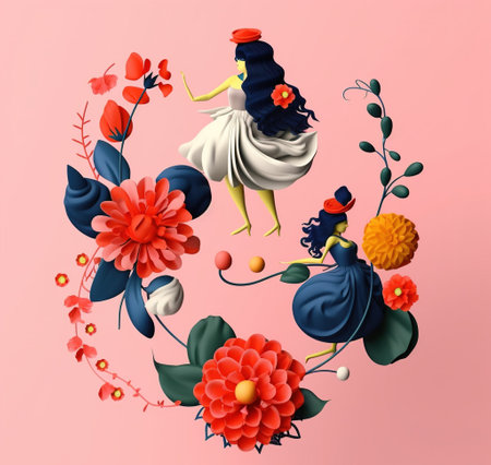 3d illustration of a beautiful woman with flowers in a wreath. AI generativeの素材