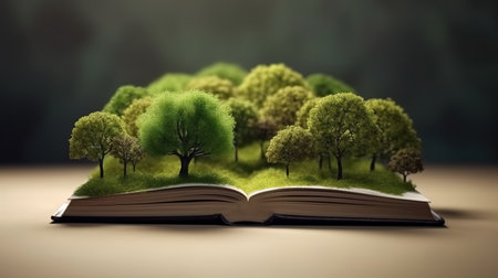 Photo pour Conceptual image of green forest growing out of an open book. AI generative - image libre de droit