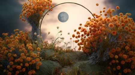 Fantasy landscape with grass and flowers and moon. AI generativeの素材