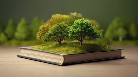 Open book with green trees on it. Ecology concept. AI Generativeの素材
