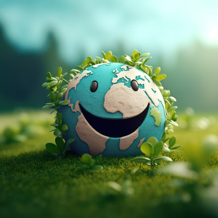 3d illustration of green planet earth with funny face on grass background. AI Generativeの素材