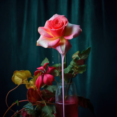 Beautiful pink rose in a vase on a dark background. AI Generatedの素材