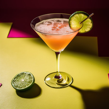 Cocktail with lime and ice on a yellow and red background. AI generatedの素材