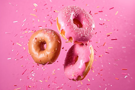 Flying glazed donuts with sprinkles on pink background, closeup. AI generatedの素材