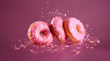 Pink donuts falling into the water on a pink background. AI generatedの素材
