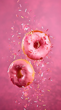 Flying donuts with pink icing and sprinkles on a pink background. AI generatedの素材