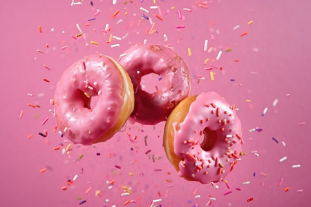 Flying donuts with pink icing and sprinkles on pink background. AI generatedの素材