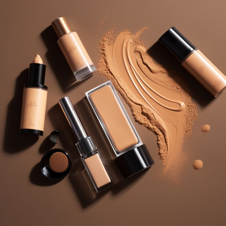 Set of make up and cosmetic products on brown background, top view. AI Generativeの素材