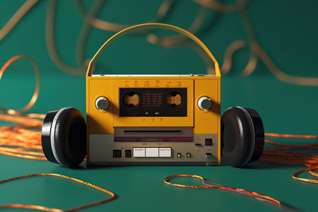 3d illustration of old yellow boombox over green background. AI Generativeの素材