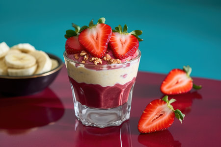 Strawberry yogurt parfait with granola and fresh strawberries. AI Generativeの素材
