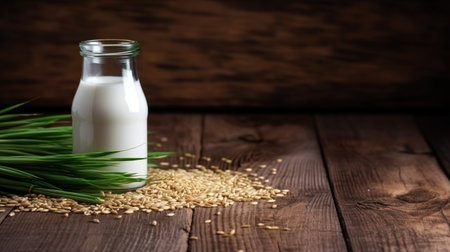 Organic soy milk in a glass bottle with wheat grains on wooden background. AI Generativeの素材