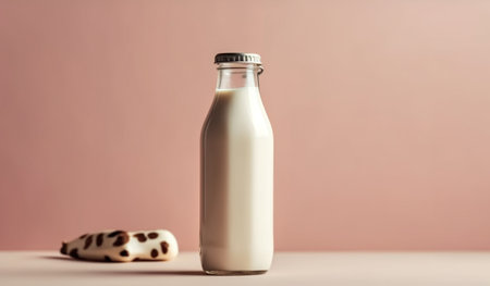 Bottle of milk and cookies on a pastel pink background. AI Generativeの素材