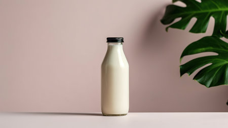 Bottle of milk on a white table with monstera leaf. AI Generativeの素材