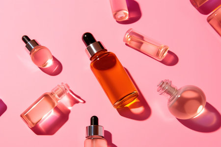 Bottles of perfume on pink background. Flat lay, top view. AI Generativeの素材